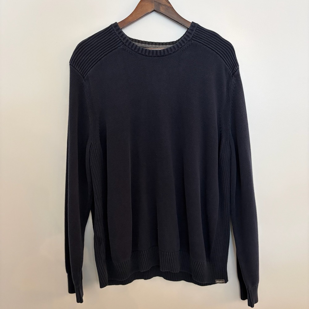 Eddie Bauer‎ Mens XL Navy Blue Crewneck Cotton Knit Ribbed Shoulder Sweater